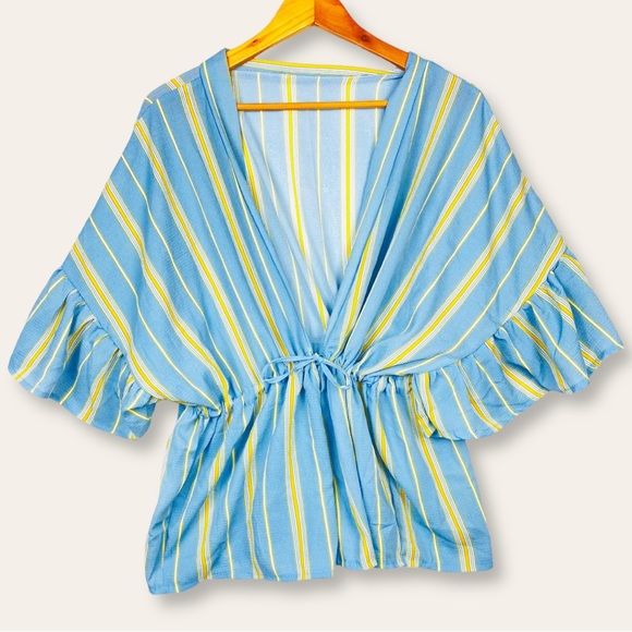 Boho V Neck Striped Flutter Short Sleeve Surplice Wrap Flowy Top Blue Yellow - Picture 1 of 7